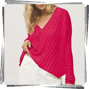 Pink Wool Blend V-Neck Boxy Ribbed Sweater (M) by Pilcro